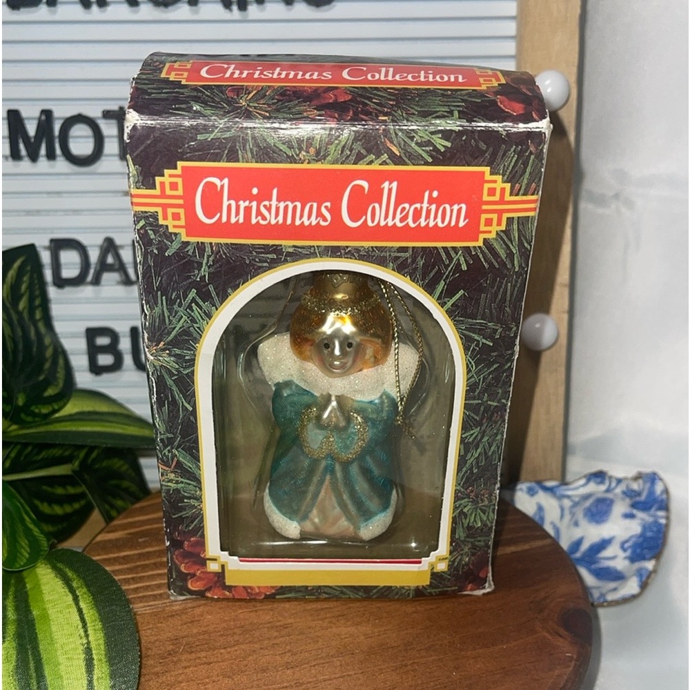 Rare Vintage Glass Blown Angels Christmas Ornament With Wings Silver & Teal NEW